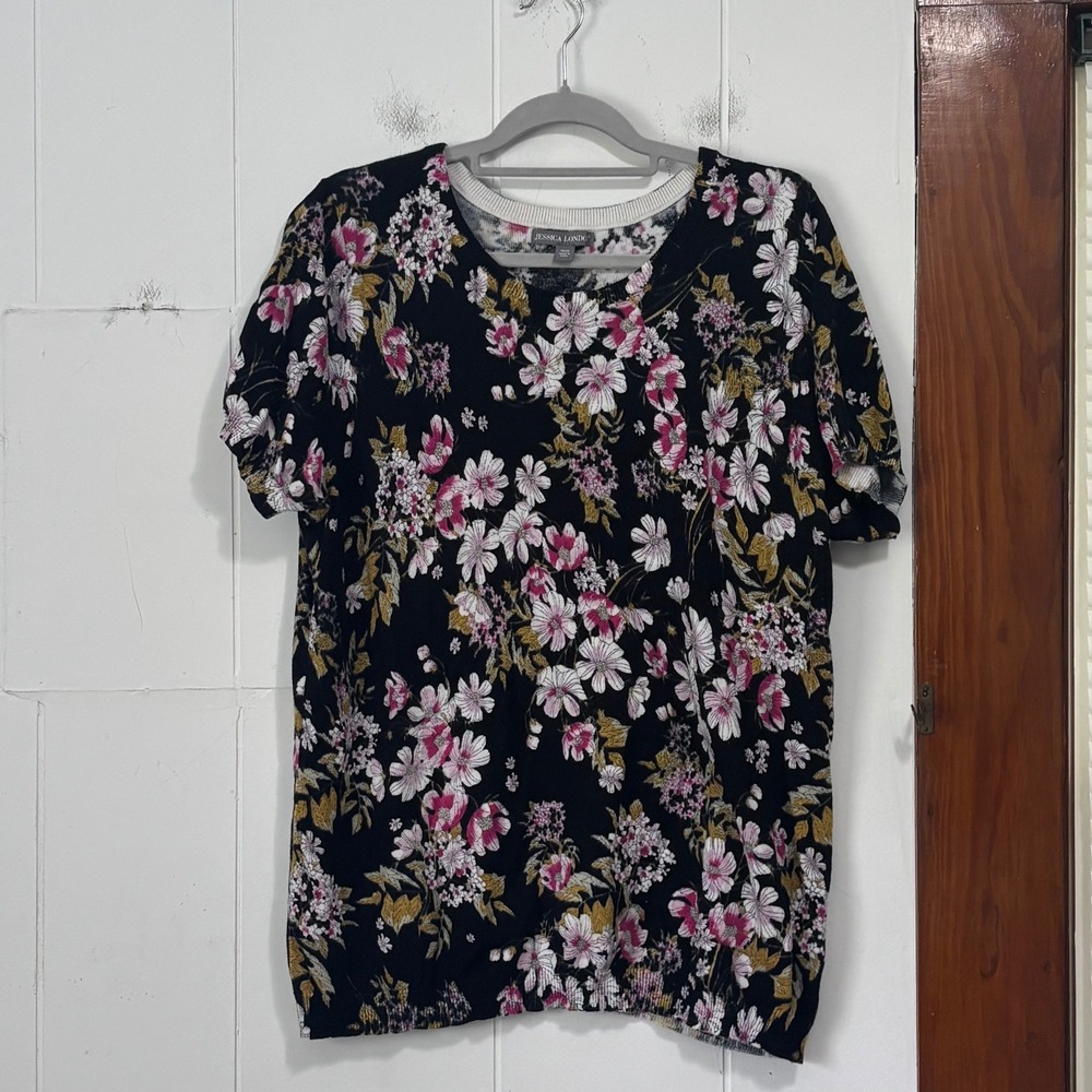 Jessica London Womens Floral Short Sleeve Cotton Sweater Top Black Pink 18/20